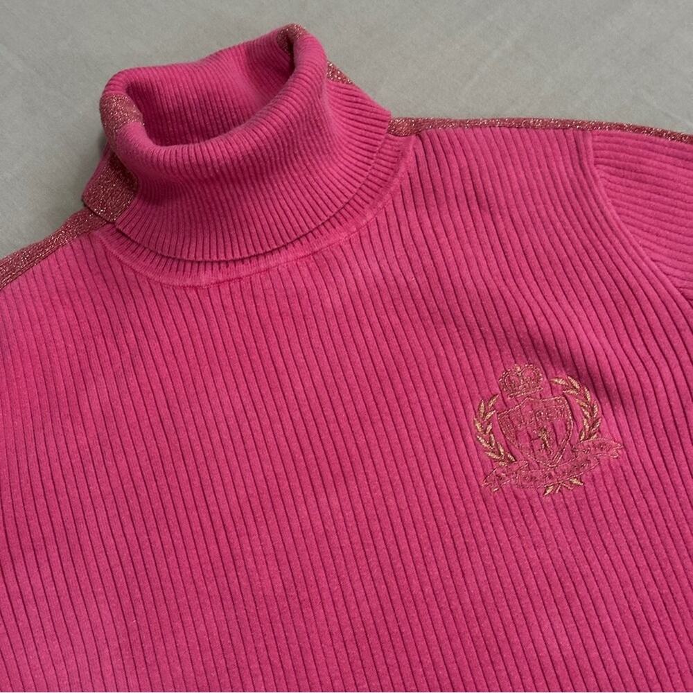 Ralph Lauren Sport Pink Gold Logo Emblem Crest Sporty Preppy Turtleneck Sweater - Picture 12 of 12